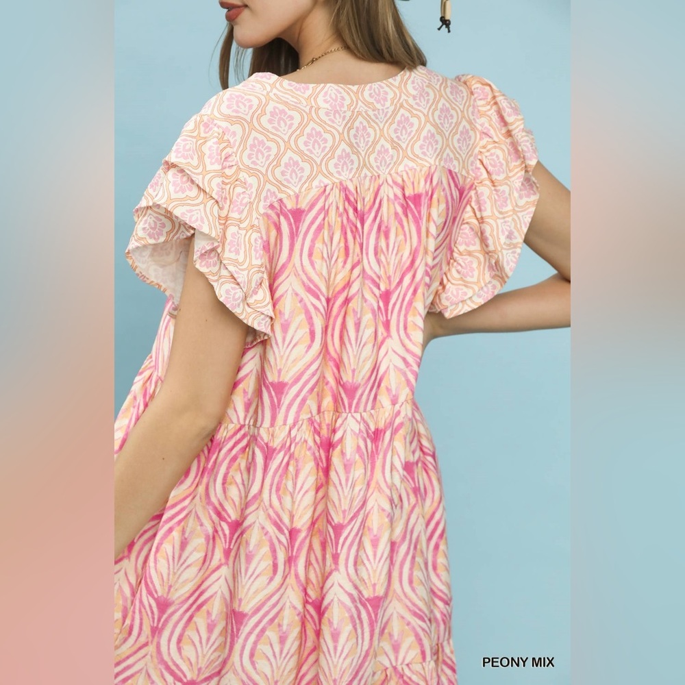 Umgee Mix Printed Flutter Sleeve Dress - Picture 4 of 6